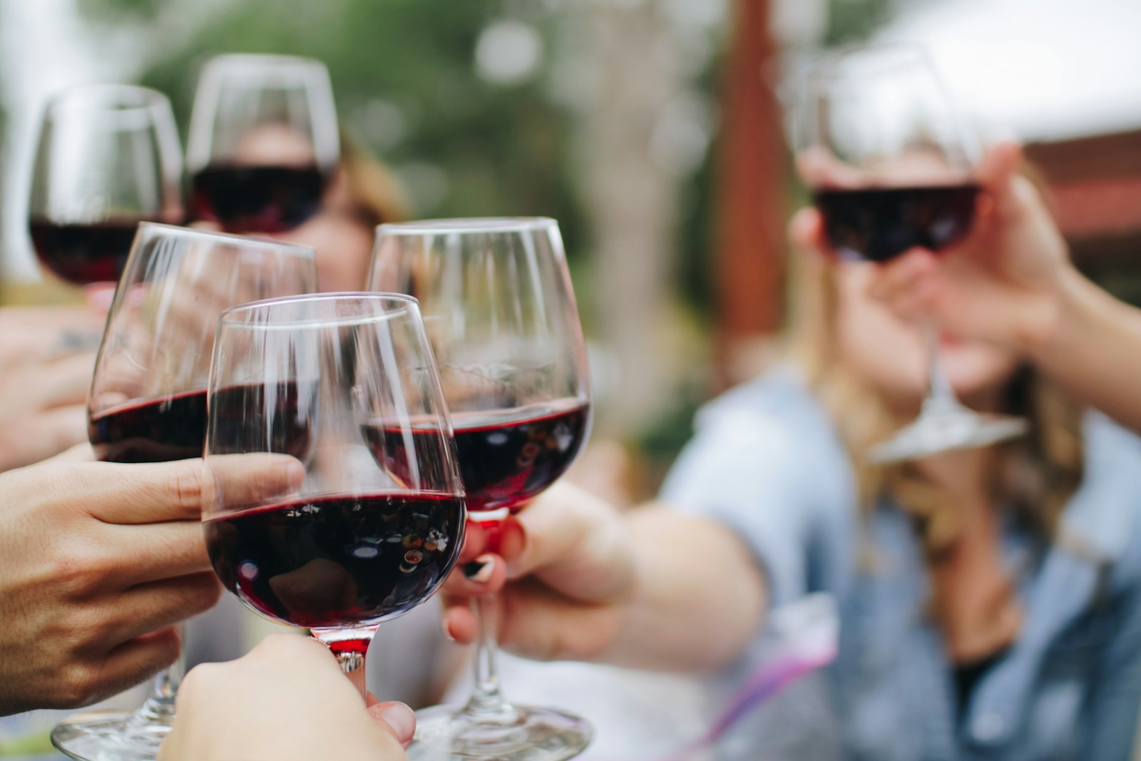 A glass of red wine overlooking vineyard rows
